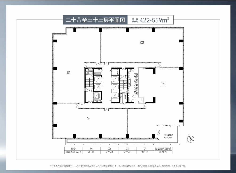 整层4套，总建筑面积：2031平
建面:422-559平