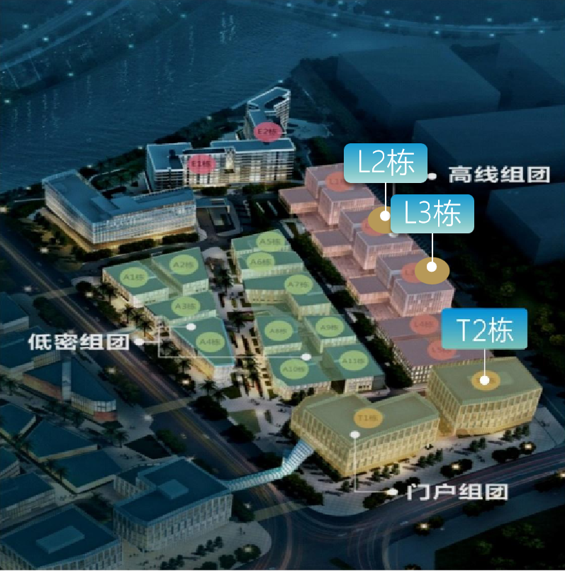 高线组团:T2栋、L2、L3栋，散售
•T2栋、L2、L3栋—地铁接驳，最佳流量总部办公
•建面约117-2584.83㎡，总价约:552-7069万元