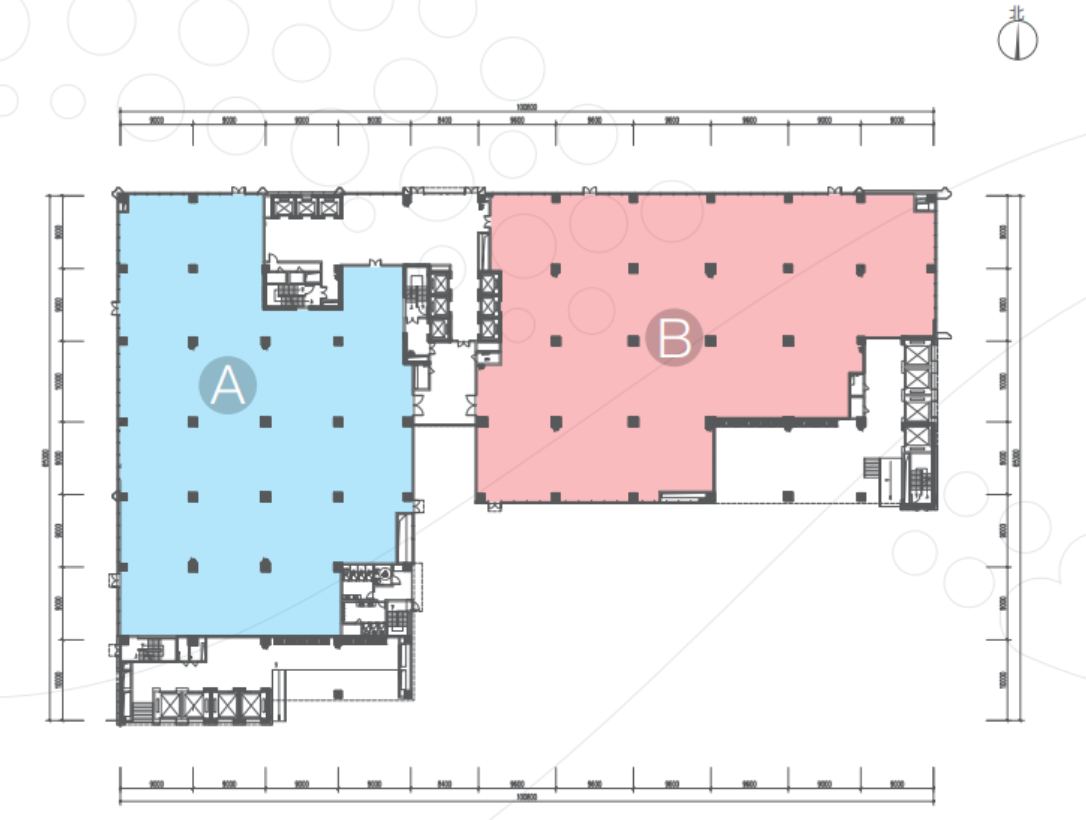 【建筑面积】
A户型约1395.56㎡；B户型约1437.18㎡

【层   高】：13-19层：4.5m
【荷   载】：13-19层：0.65T
【柱距网】：9m X 9.6m、9m X 10m
【货    梯】：4台；尺寸：开门宽1.8m，长2.4m，荷载3T
客梯：6台；荷载1.35T
13层退台面积：约1793.52㎡