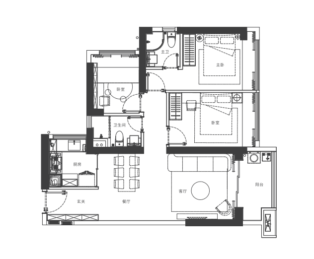 【C3-建面约96㎡】
家政阳台定位，6人位餐厅满足多人就餐，主卧独立卫生间