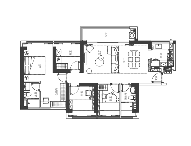 【E-建面约121㎡】
大横厅布局，超长观景阳台，玄关柜餐边柜一体化设置，独立衣帽间，满足超强收纳需求