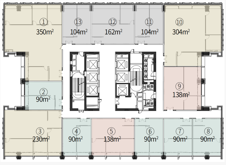 【出租面积】
约90-1980㎡全能空间、灵活百变
写字楼办公面积段：90-104-138-162-230-304-350㎡
一站式服务 进驻无忧