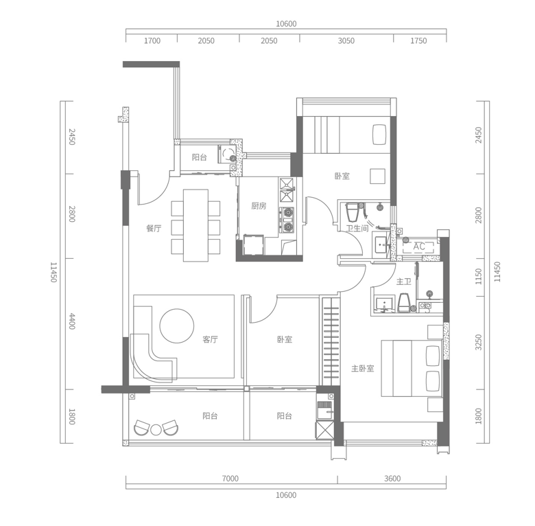 A户型建面约117㎡，3房2厅2卫