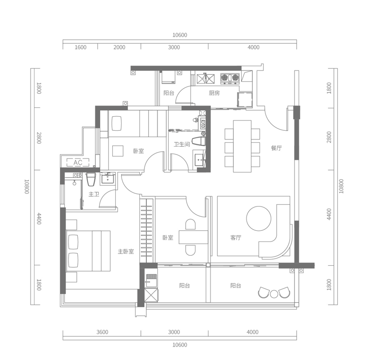 B户型建面约117㎡，3房2厅2卫