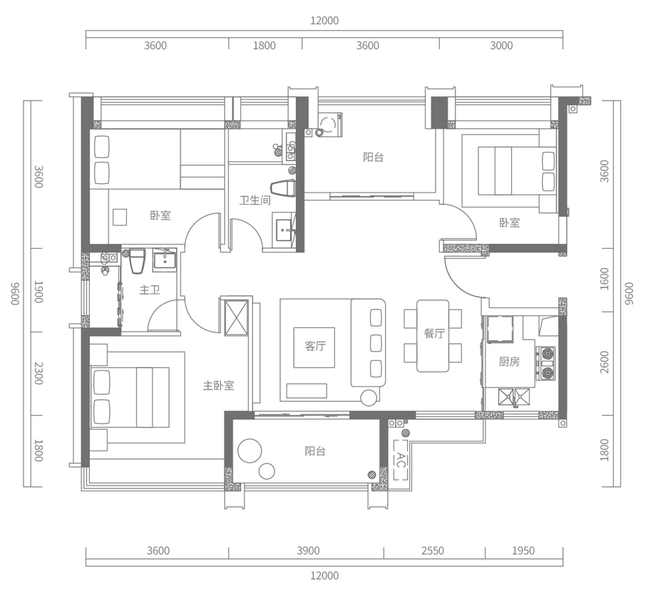 C户型建面约120㎡，3+1房2厅2卫