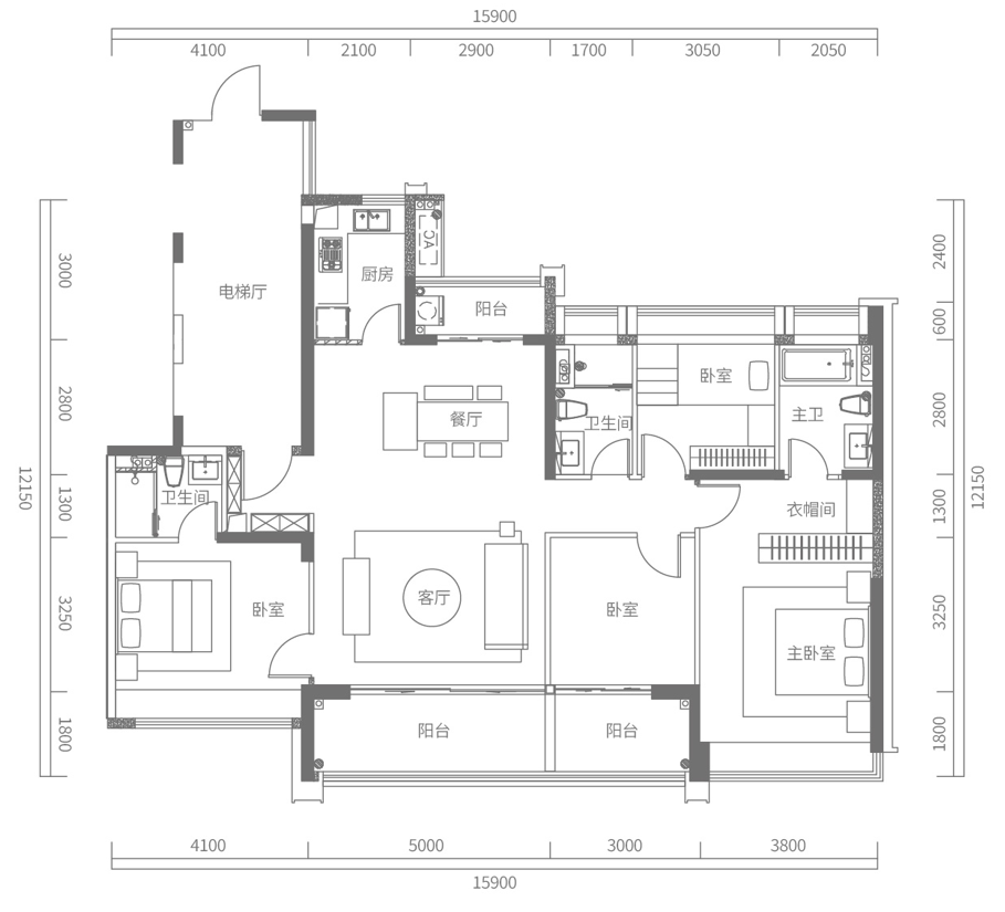 D户型建面约173㎡，4房2厅2卫