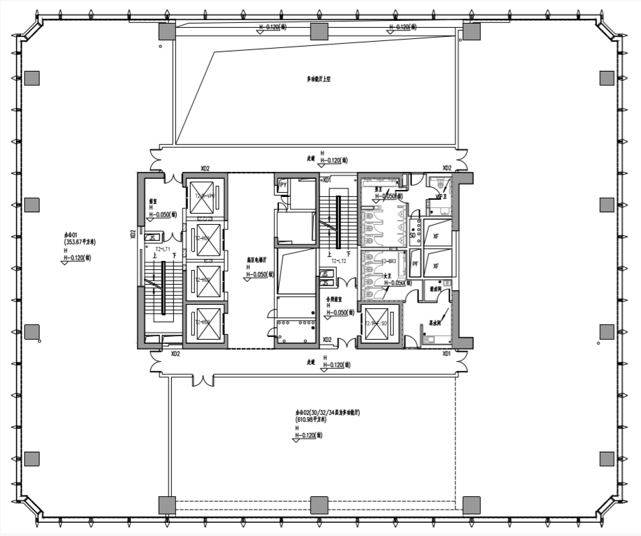 中区（22F）平面图

T2栋写字楼，530㎡起/套