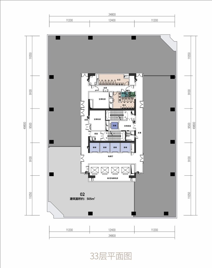 全海景  超高层云端商务体验
          高区标准层面积约2100-2155㎡
         单套面积约505-748㎡，悦享一线海景
         约4.5米层高，奢阔办公空间
         15部奥的斯电梯，最快梯速约6米/秒