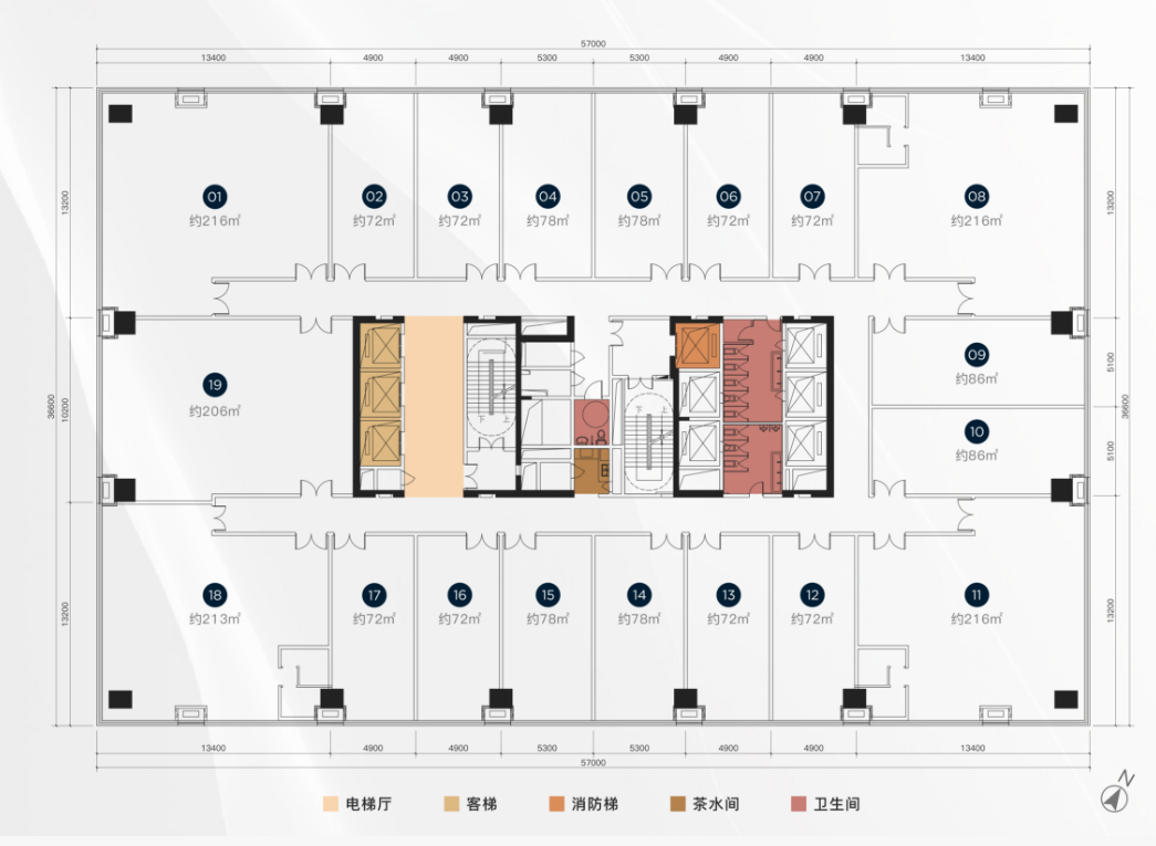低区户型图（4-11F）：单层面积：约2126-2156㎡,单位面积段：约70-2156㎡（70 ㎡起售，轻松进阶）