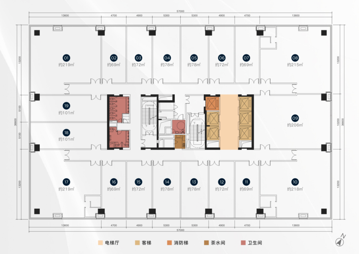 高区户型图（12-23F）：单层面积：约2126-2156㎡,单位面积段：约70-2156㎡（70 ㎡起售，轻松进阶）