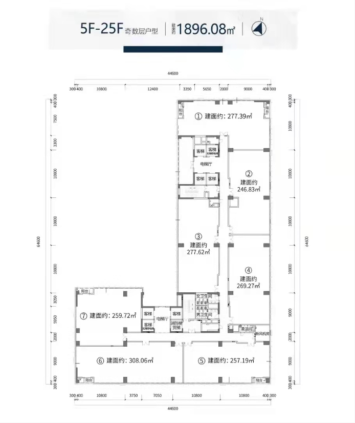 灵动小高层办公

总建筑面积：4.2万㎡
层数：25层
层高：3.8m
荷载：350KG/㎡
标准层面积：1900㎡
主力户型：245-310㎡
使用率：71%
大堂：10.2m挑高，亲和商务典范
空调：VRV格力空调
电梯：7客梯+1消防/货梯，载重1600kg