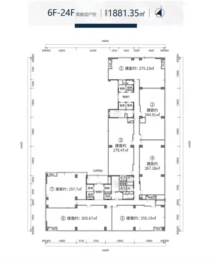 灵动小高层办公

总建筑面积：4.2万㎡
层数：25层
层高：3.8m
荷载：350KG/㎡
标准层面积：1900㎡
主力户型：245-310㎡
使用率：71%
大堂：10.2m挑高，亲和商务典范
空调：VRV格力空调
电梯：7客梯+1消防/货梯，载重1600kg