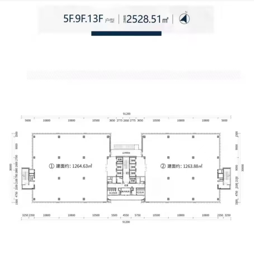 总建筑面积：2.77万㎡
层数：13层
层高：4.5m
荷载：500KG/㎡
标准层面积：2500㎡
主力户型：1200㎡
使用率：77%
大堂：9.6m双大堂设计
空调：企业自装
电梯：6客梯+1消防梯，载重1.6-2吨
