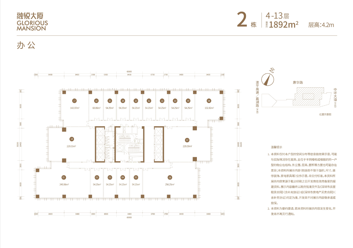 写字楼主力户型54-62㎡,次主力户型90-146㎡以及200-300㎡，层高4.2m