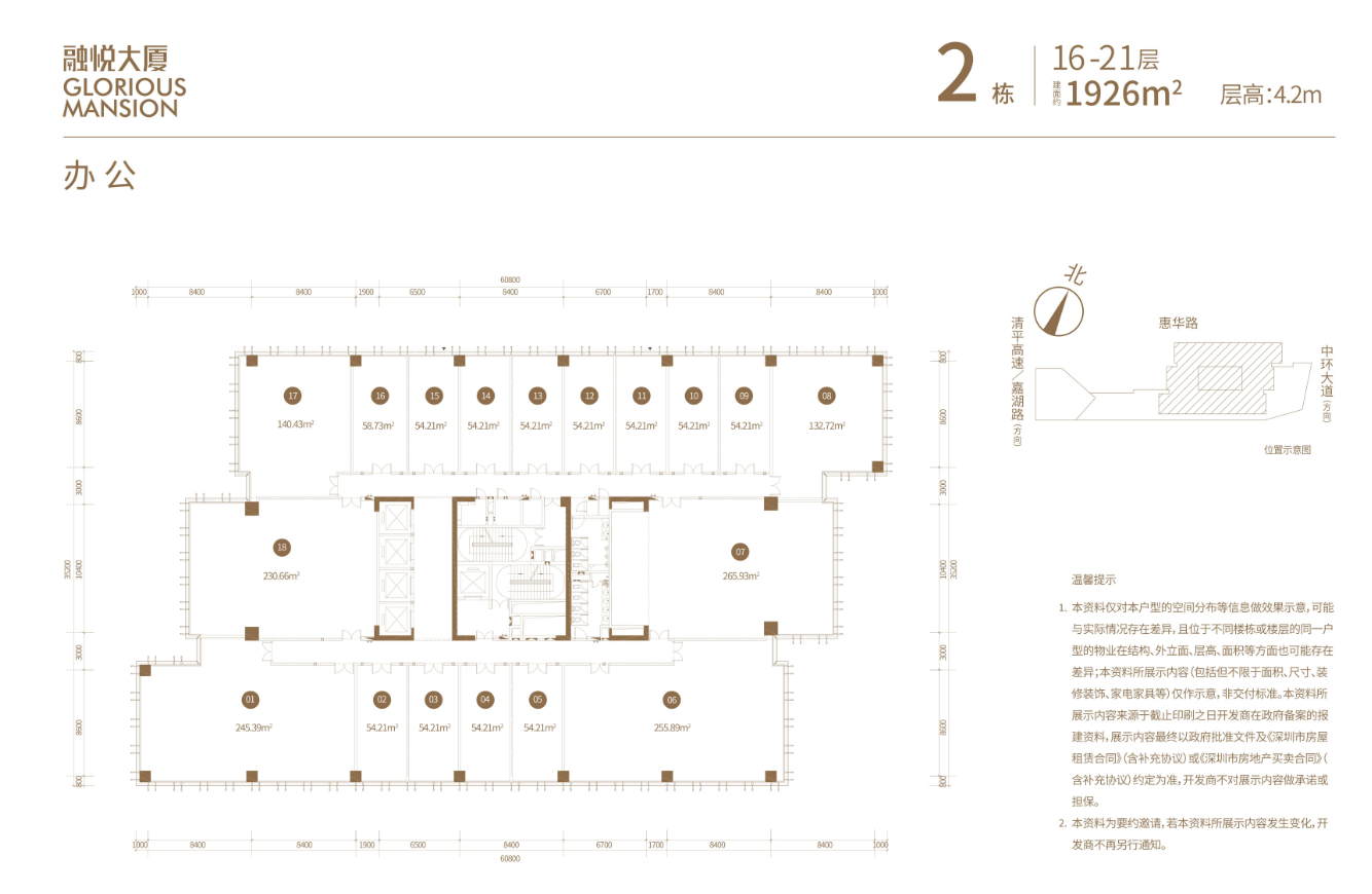 写字楼主力户型54-62㎡,次主力户型90-146㎡以及200-300㎡，层高4.2m