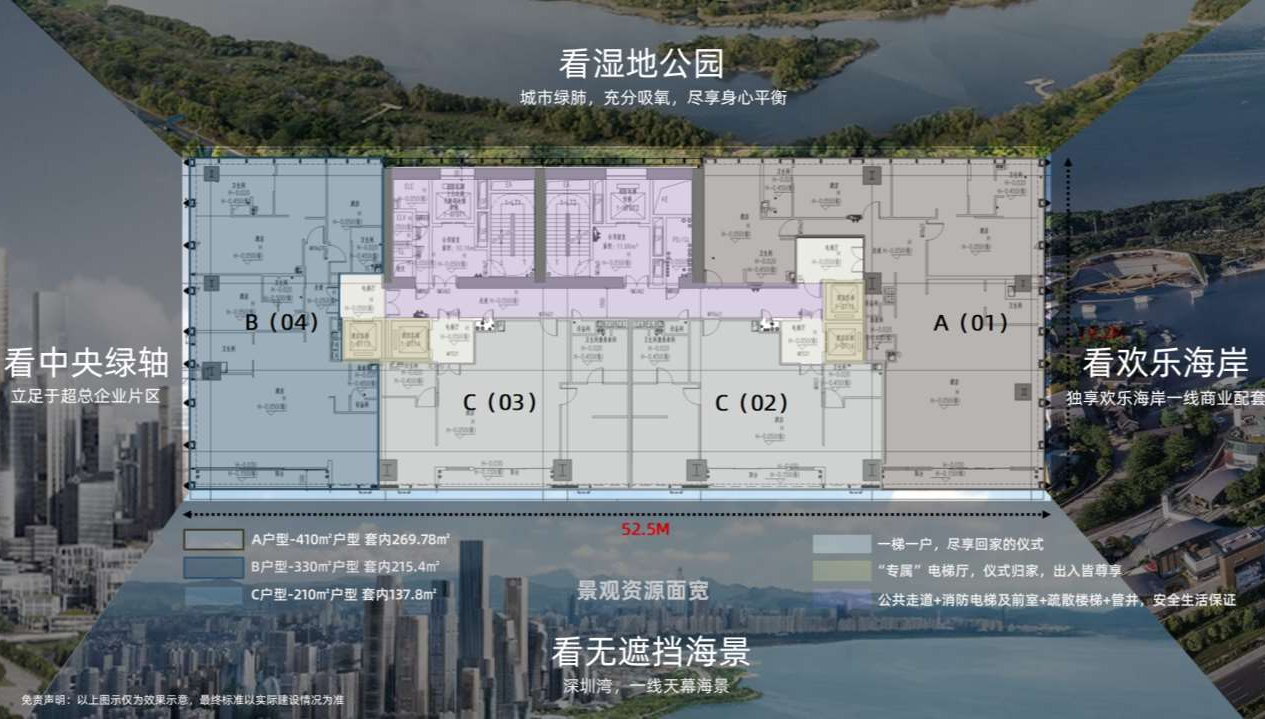 领空｜建面约210㎡-400㎡敬献全球塔尖
超配奢阔一线海景，户户朝南,约15km的滨海长廊，尽览壮阔的深圳湾海岸线，环幕生态湿地、海岸公园、城市繁华与无尽湾海的尚上领空，每一面，都是这座城市的超然界面。