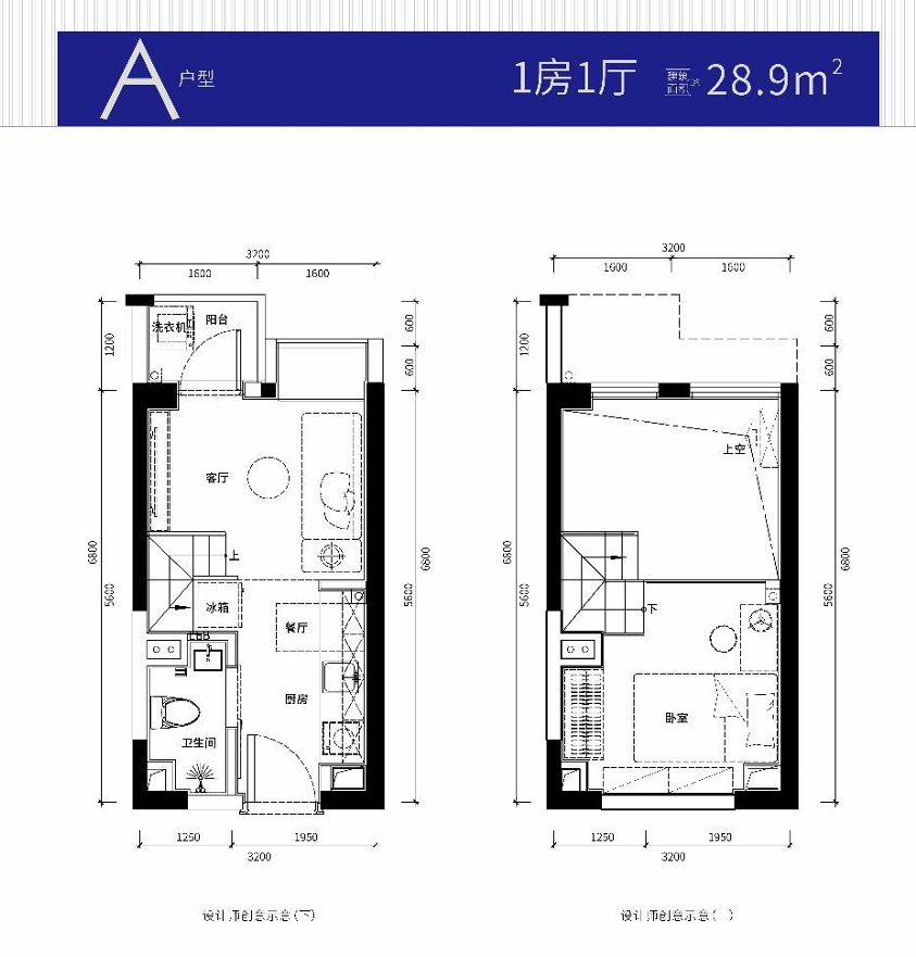 户型:复式29平米一房一厅可改两房（总价54-60万）月供2800起，开发商送全屋精装