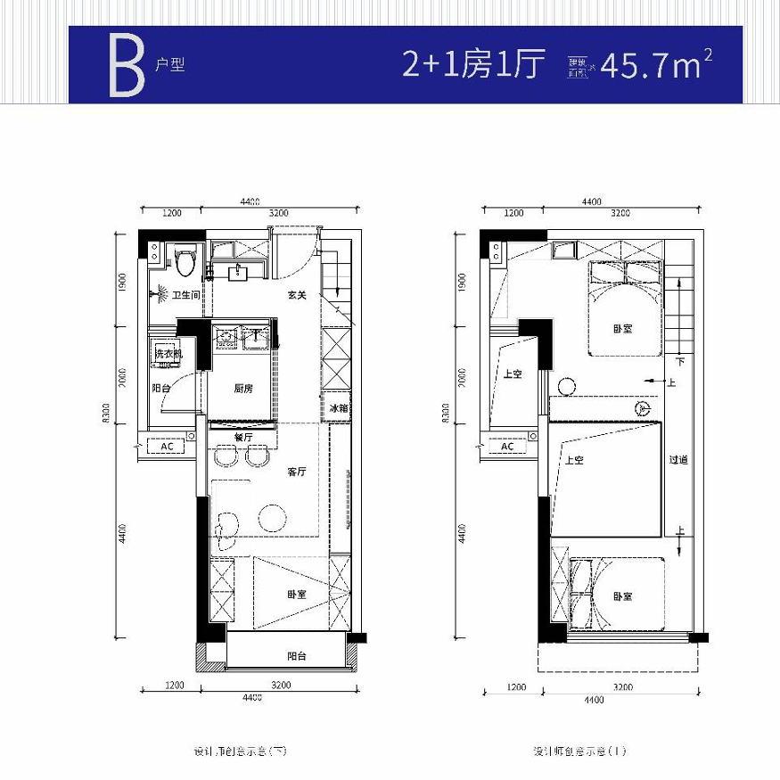 45㎡2+1房（复式）:折后总价83万一90万，首付35万起，月供4500起，开发商送全屋精装